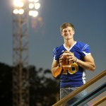 Mulerider Quarterback Tyler Sykora under the football field lights